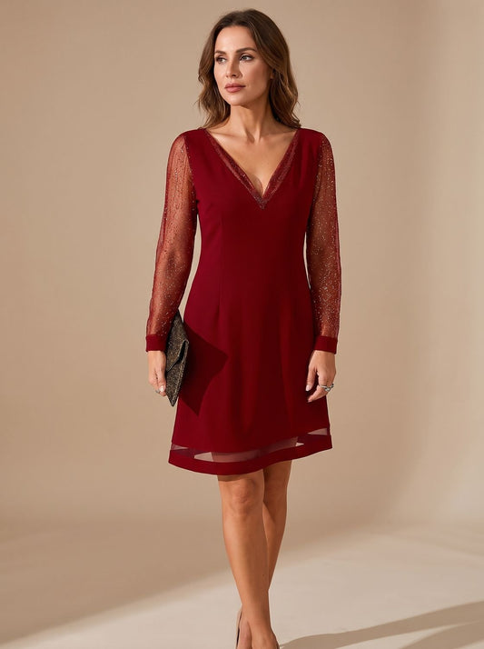Elegant Glitter Cocktail Mini Dress for Women with V-Neck Long Sleeve Mesh Shift Holiday Party Style