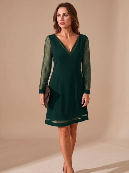Elegant Glitter Cocktail Mini Dress for Women with V-Neck Long Sleeve Mesh Shift Holiday Party Style