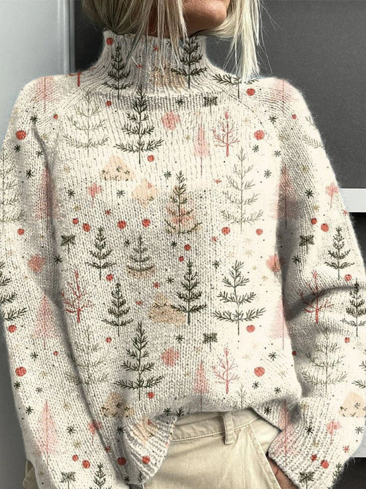 Cozy Multicolor Tree Print Women's Christmas Sweater with Turtleneck Long Sleeve Oversized Knit Style