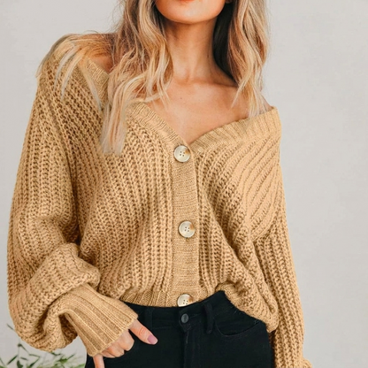 Cozy Chunky Cropped Cardigan for Women with V Neck Balloon Sleeve Button Front Oversized Style