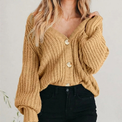 Cozy Chunky Cropped Cardigan for Women with V Neck Balloon Sleeve Button Front Oversized Style