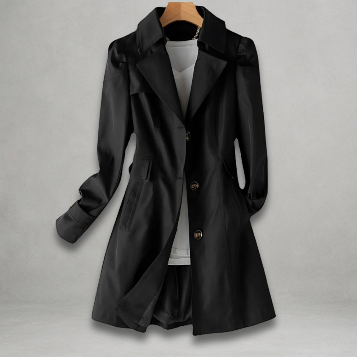 Elegant Trench Coat for Women with Notch Lapel Long Sleeve Belted Waist Longline Style