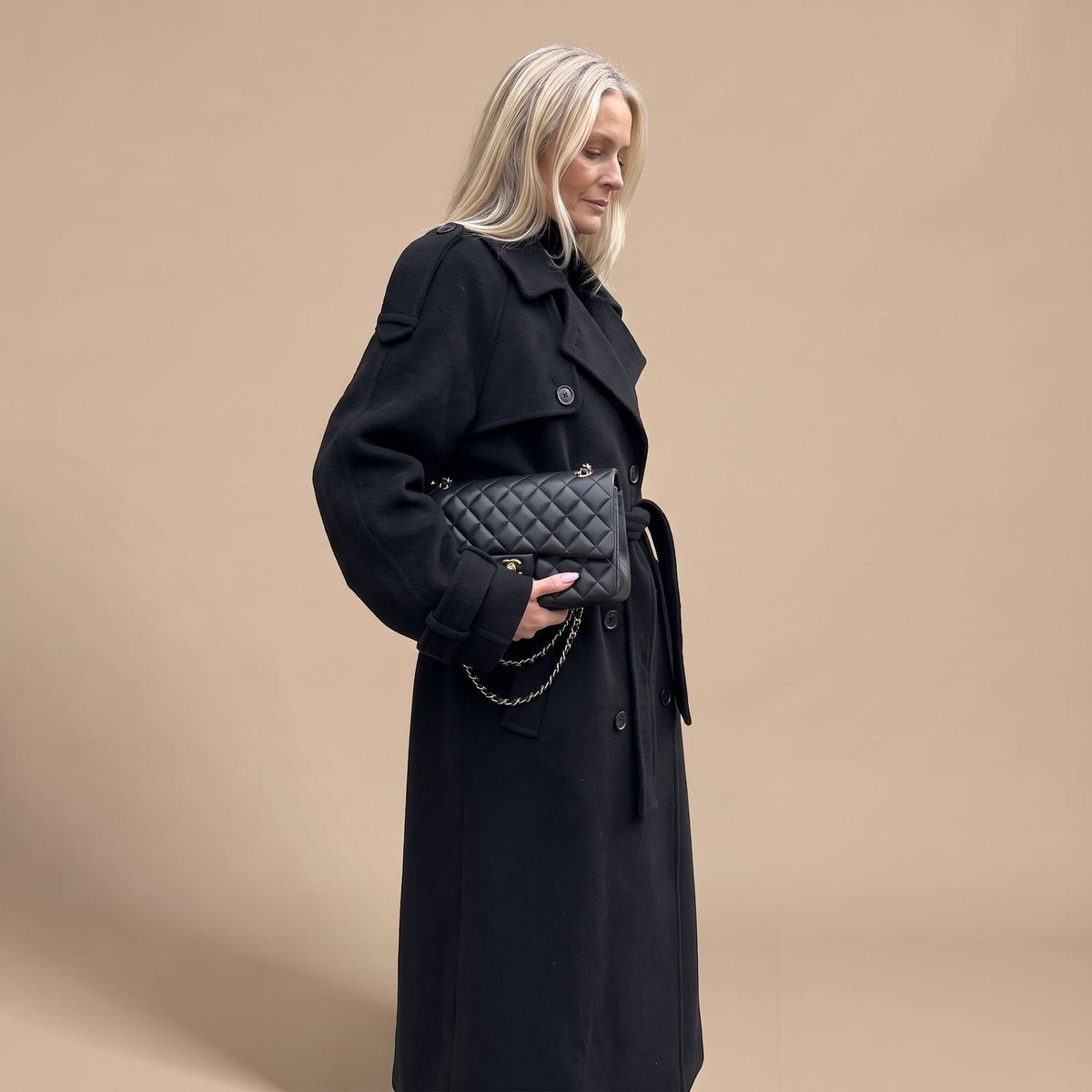Elegant Navy Wool Trench Coat for Women with Double Breasted Belted Long Sleeve Longline Winter Style