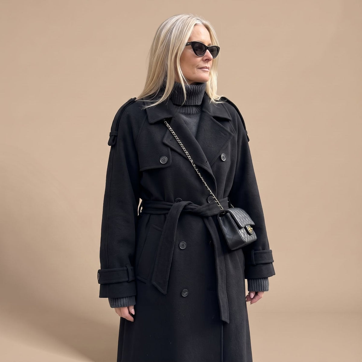 Elegant Navy Wool Trench Coat for Women with Double Breasted Belted Long Sleeve Longline Winter Style