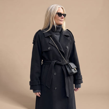 Elegant Navy Wool Trench Coat for Women with Double Breasted Belted Long Sleeve Longline Winter Style