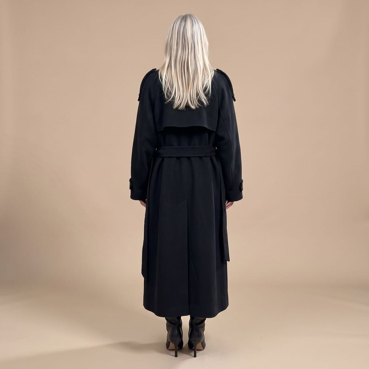 Elegant Navy Wool Trench Coat for Women with Double Breasted Belted Long Sleeve Longline Winter Style