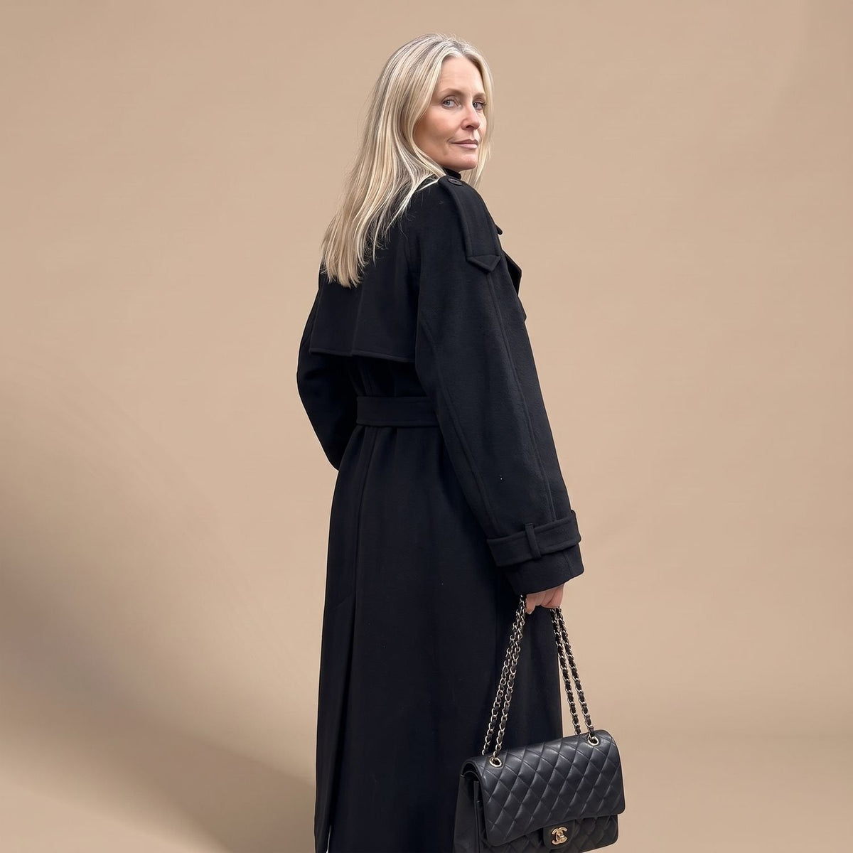 Elegant Navy Wool Trench Coat for Women with Double Breasted Belted Long Sleeve Longline Winter Style