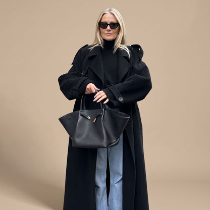 Elegant Navy Wool Trench Coat for Women with Double Breasted Belted Long Sleeve Longline Winter Style