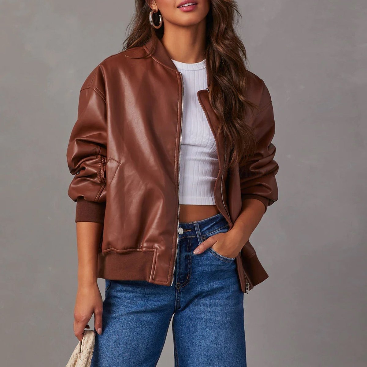 Sleek Faux Leather Bomber Jacket for Women with Stand Collar Long Sleeve Zip Up Ribbed Trim Oversized Style