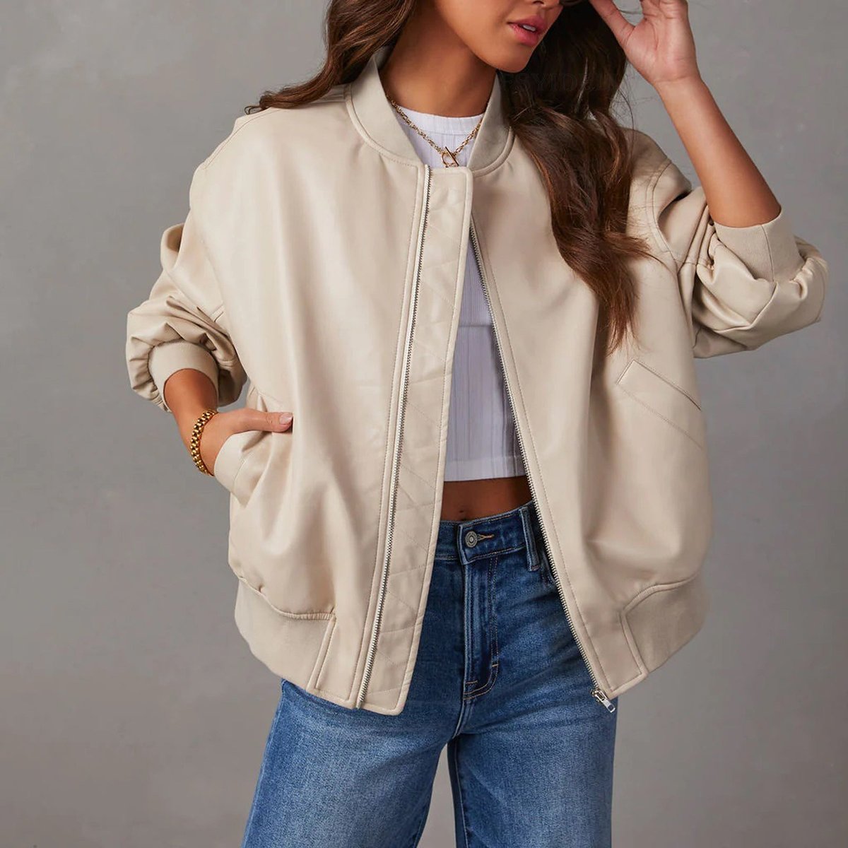 Sleek Faux Leather Bomber Jacket for Women with Stand Collar Long Sleeve Zip Up Ribbed Trim Oversized Style