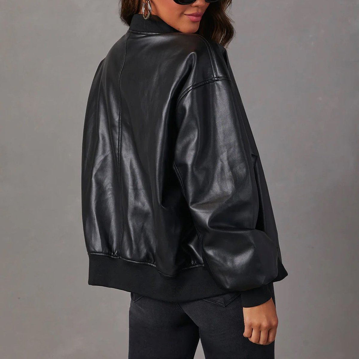 Sleek Faux Leather Bomber Jacket for Women with Stand Collar Long Sleeve Zip Up Ribbed Trim Oversized Style