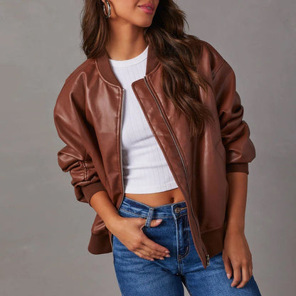 Sleek Faux Leather Bomber Jacket for Women with Stand Collar Long Sleeve Zip Up Ribbed Trim Oversized Style