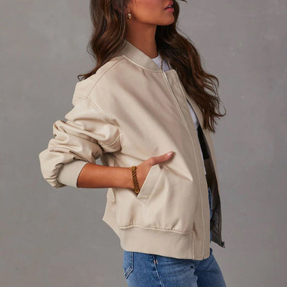 Sleek Faux Leather Bomber Jacket for Women with Stand Collar Long Sleeve Zip Up Ribbed Trim Oversized Style