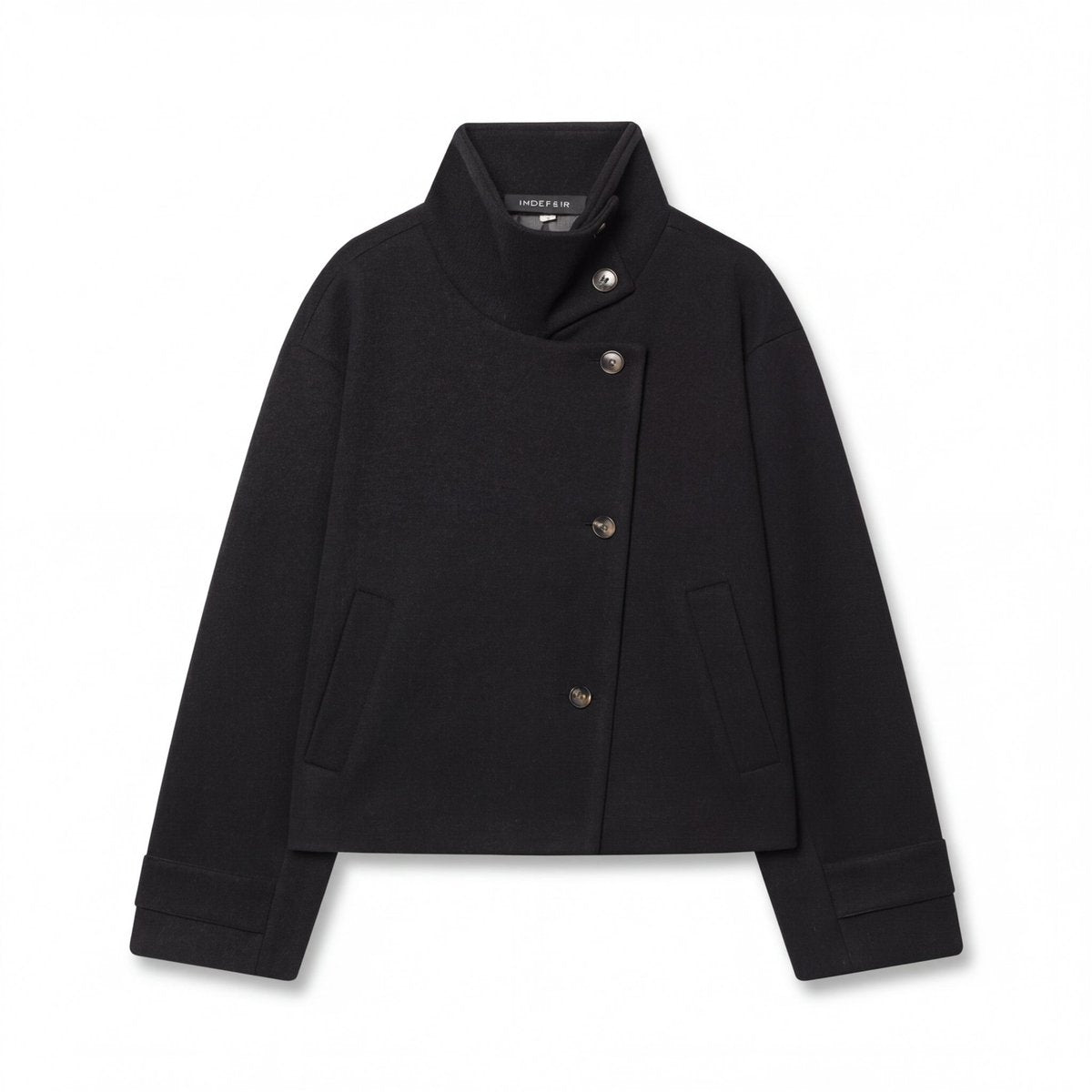 Elegant Wool Jacket for Women with Stand Collar Long Sleeve Asymmetric Button Cropped Casual Style
