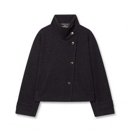 Elegant Wool Jacket for Women with Stand Collar Long Sleeve Asymmetric Button Cropped Casual Style