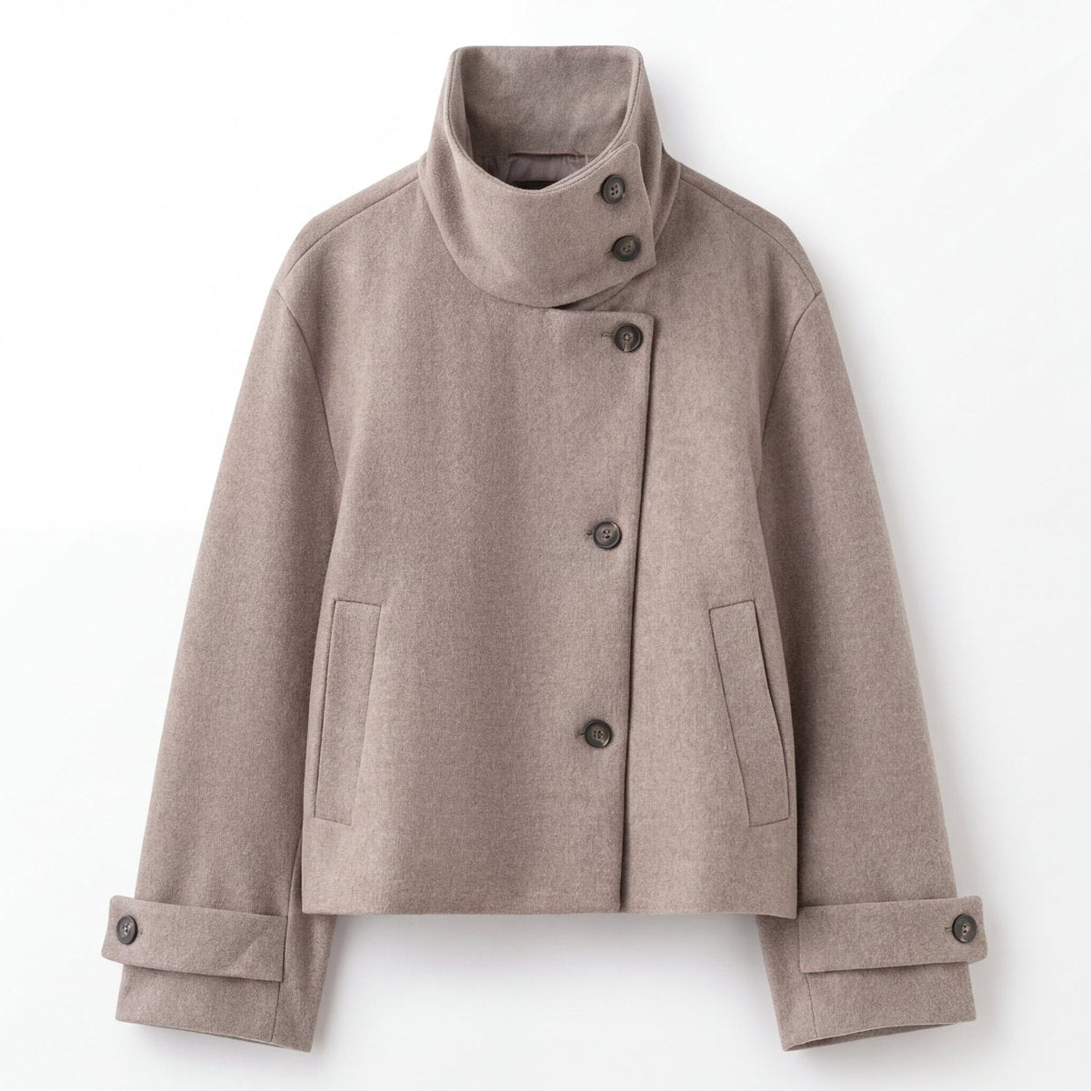 Elegant Wool Jacket for Women with Stand Collar Long Sleeve Asymmetric Button Cropped Casual Style