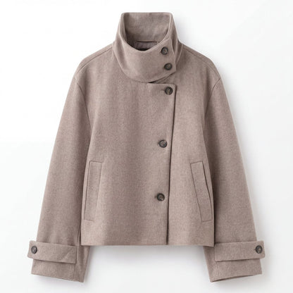 Elegant Wool Jacket for Women with Stand Collar Long Sleeve Asymmetric Button Cropped Casual Style