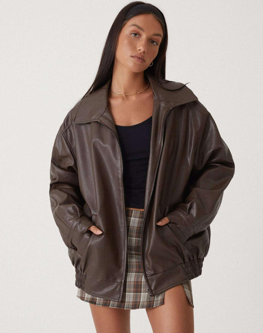 Effortless Faux Leather Jacket for Women with Collared Long Sleeve Oversized Relaxed Style