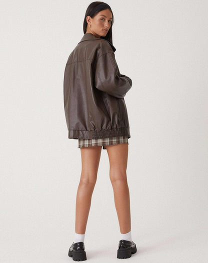 Effortless Brown Oversized Faux Leather Jacket for Women with Spread Collar Zip Front Relaxed Casual Style