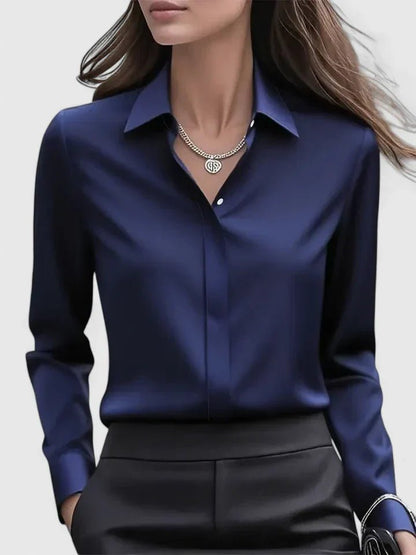 Elegant Satin Shirt for Women with Collared Neck Long Sleeve Button Front Formal Style