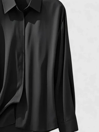 Elegant Satin Shirt for Women with Collared Neck Long Sleeve Button Front Formal Style