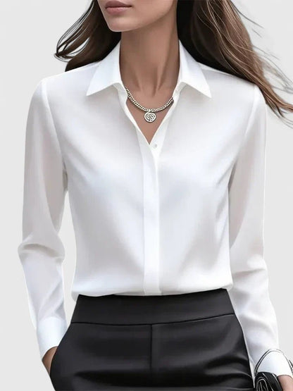 Elegant Satin Shirt for Women with Collared Neck Long Sleeve Button Front Formal Style