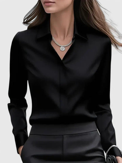 Elegant Satin Shirt for Women with Collared Neck Long Sleeve Button Front Formal Style