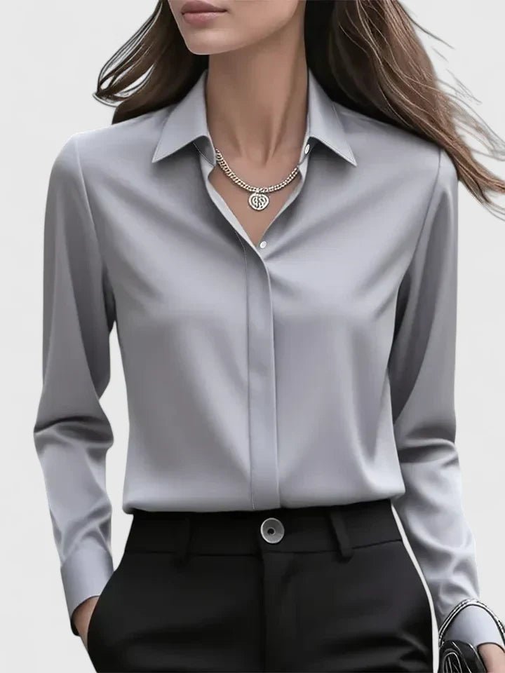 Elegant Satin Shirt for Women with Collared Neck Long Sleeve Button Front Formal Style