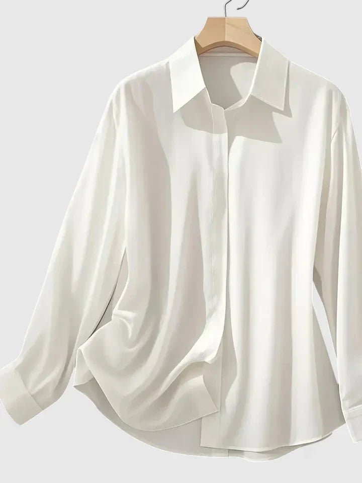 Elegant Satin Shirt for Women with Collared Neck Long Sleeve Button Front Formal Style