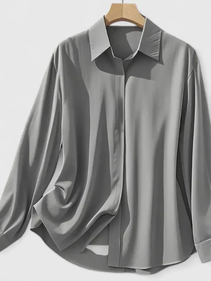 Elegant Satin Shirt for Women with Collared Neck Long Sleeve Button Front Formal Style