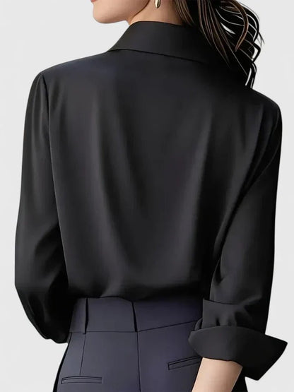 Elegant Satin Shirt for Women with Collared Neck Long Sleeve Button Front Formal Style