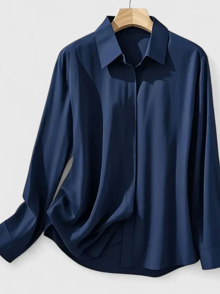 Elegant Satin Shirt for Women with Collared Neck Long Sleeve Button Front Formal Style