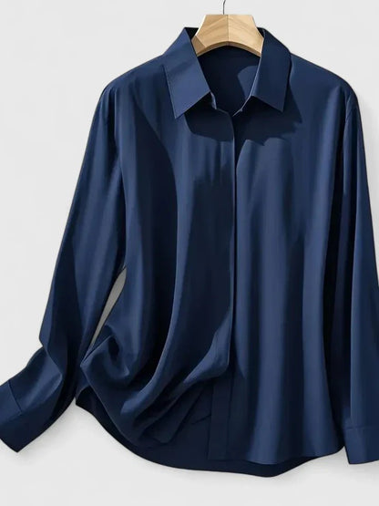 Elegant Satin Shirt for Women with Collared Neck Long Sleeve Button Front Formal Style