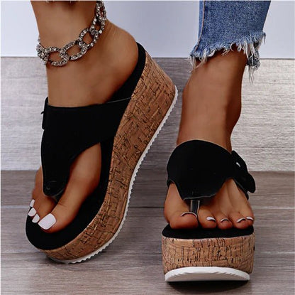 Comfortable Platform Sandals for Women with Cork Wedge Bow Detail