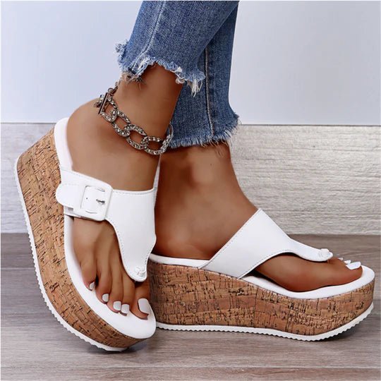 Comfortable Platform Sandals for Women with Cork Wedge Bow Detail