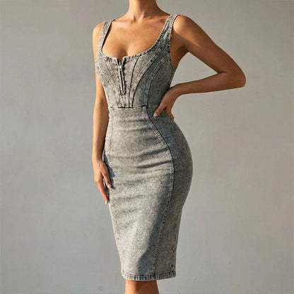 Elegant Grey Midi Denim Dress for Women with Square Neck Sleeveless Zip Front Bodycon Side Slit Style