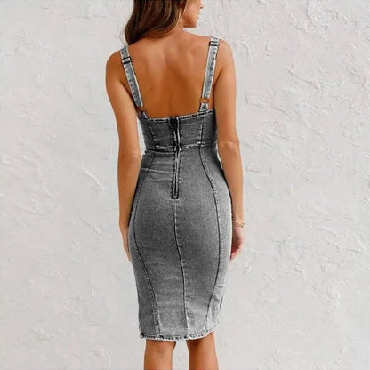 Elegant Grey Midi Denim Dress for Women with Square Neck Sleeveless Zip Front Bodycon Side Slit Style