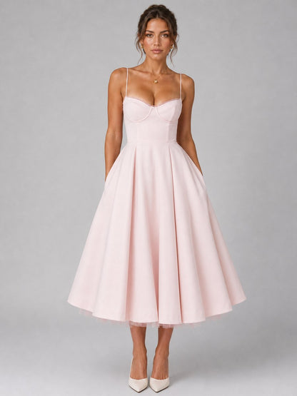 Elegant Pink Dress for Women with Sweetheart Neckline Corset Bodice Full Skirt Midi Style
