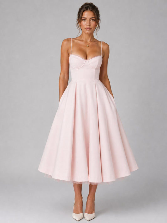 Elegant Pink Dress for Women with Sweetheart Neckline Corset Bodice Full Skirt Midi Style