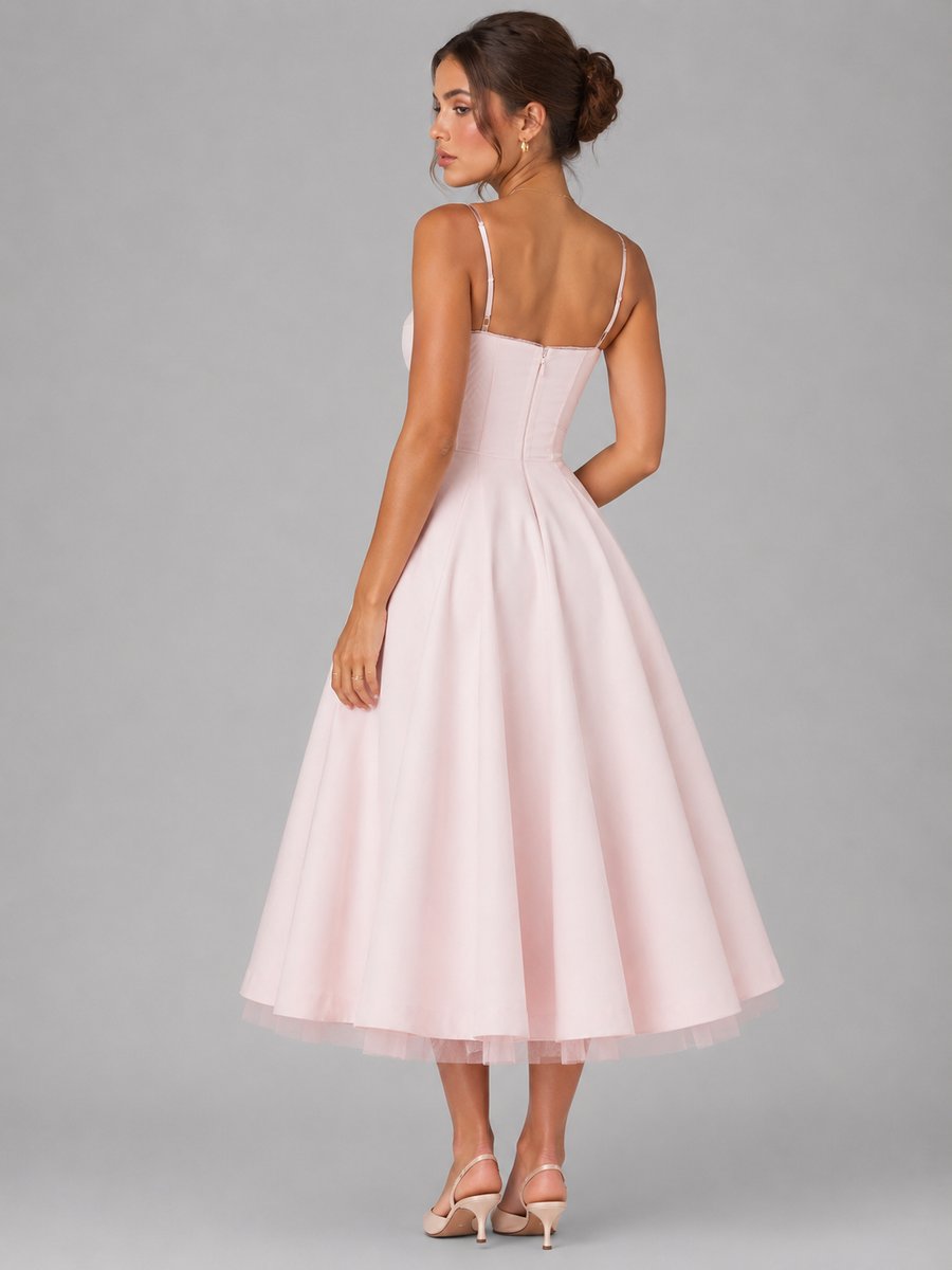 Elegant Pink Dress for Women with Sweetheart Neckline Corset Bodice Full Skirt Midi Style