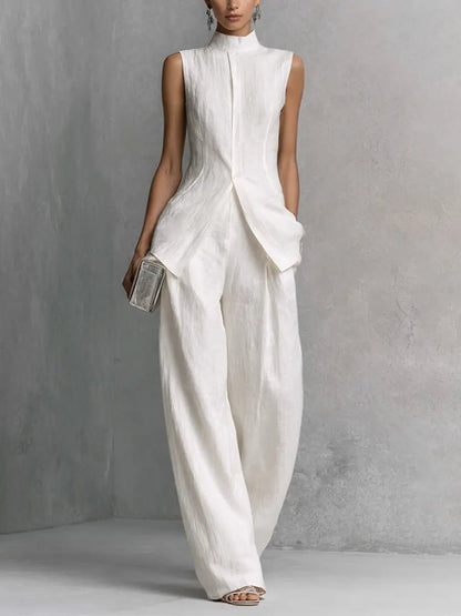 Elegant Wide Leg Jumpsuit for Women with High Neck Sleeveless Asymmetric Draped Formal Style