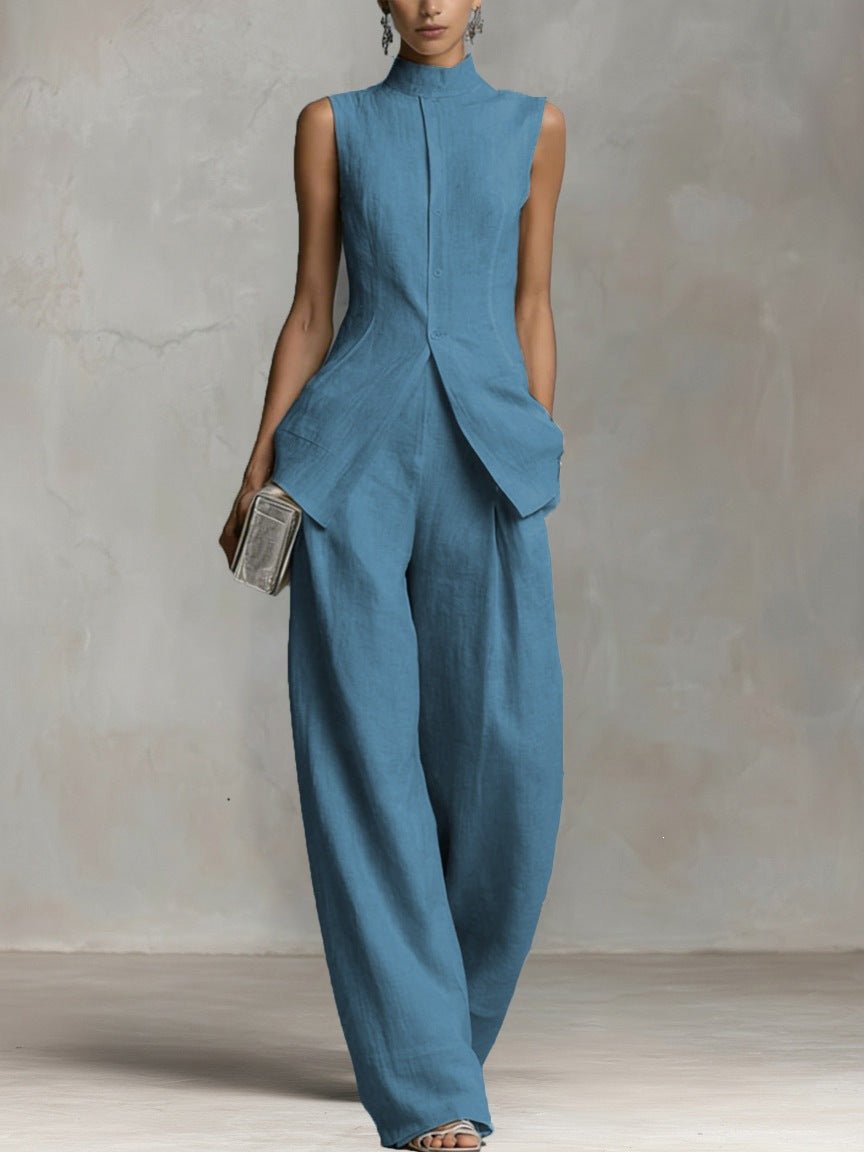 Elegant Wide Leg Jumpsuit for Women with High Neck Sleeveless Asymmetric Draped Formal Style
