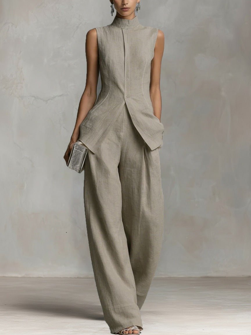 Elegant Wide Leg Jumpsuit for Women with High Neck Sleeveless Asymmetric Draped Formal Style