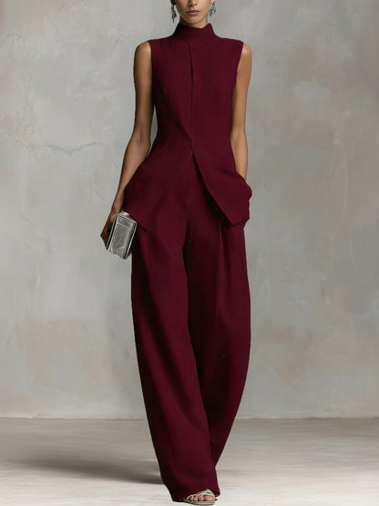 Elegant Wide Leg Jumpsuit for Women with High Neck Sleeveless Asymmetric Draped Formal Style