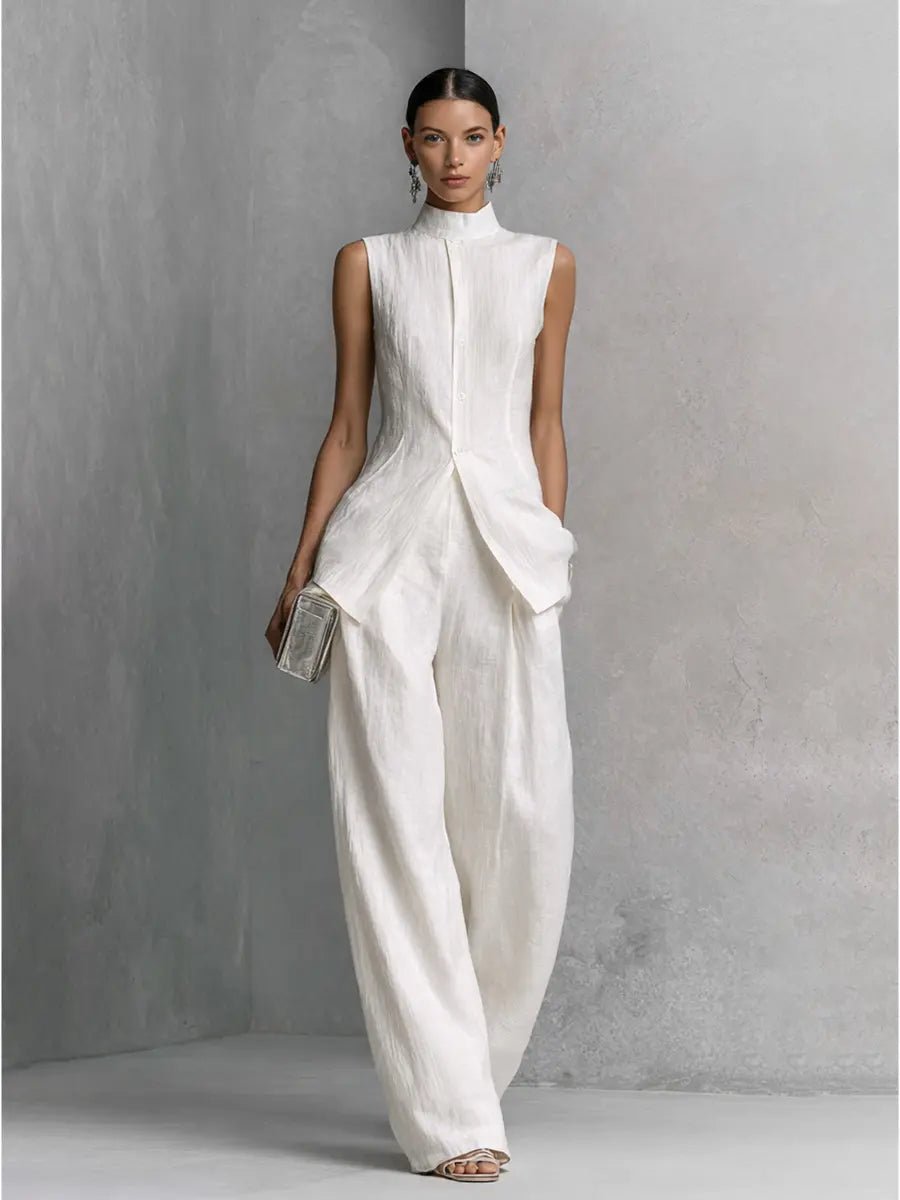 Elegant Wide Leg Jumpsuit for Women with High Neck Sleeveless Asymmetric Draped Formal Style