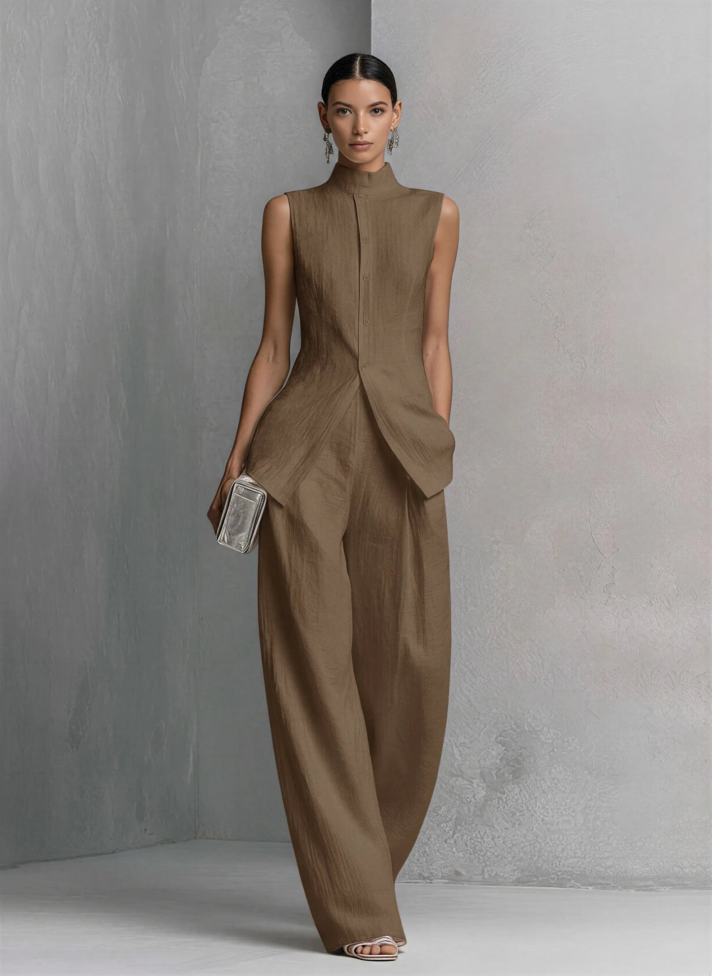 Elegant Wide Leg Jumpsuit for Women with High Neck Sleeveless Asymmetric Draped Formal Style