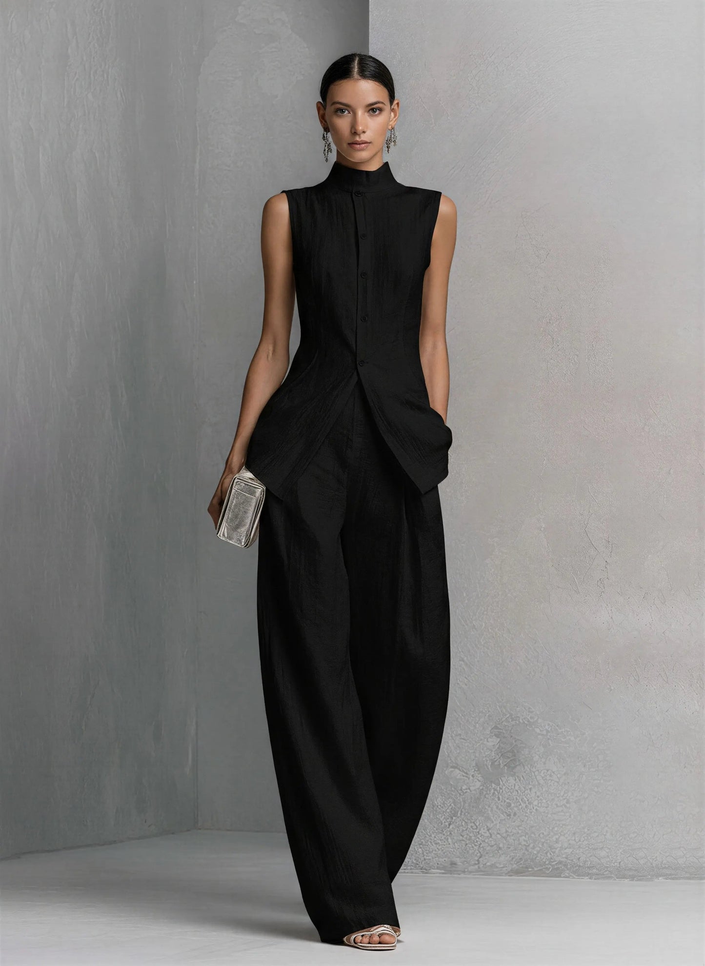 Elegant Wide Leg Jumpsuit for Women with High Neck Sleeveless Asymmetric Draped Formal Style