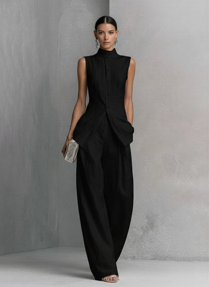 Elegant Wide Leg Jumpsuit for Women with High Neck Sleeveless Asymmetric Draped Formal Style