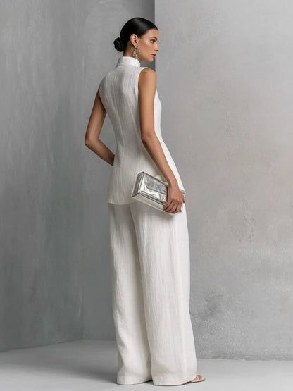 Elegant Wide Leg Jumpsuit for Women with High Neck Sleeveless Asymmetric Draped Formal Style
