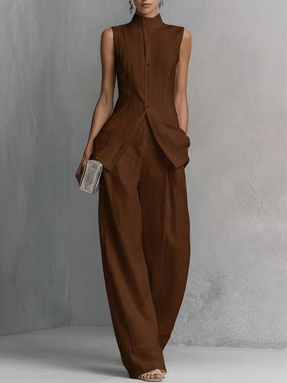 Elegant Wide Leg Jumpsuit for Women with High Neck Sleeveless Asymmetric Draped Formal Style
